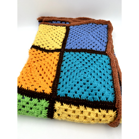 Handmade Afghan Blanket Color 60x40 Blocked Crochet Knit Orange Blue Green - Picture 10 of 14